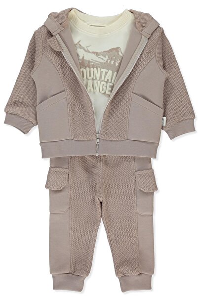 Bebetto طقم كارديجان ثلاثي القطع بقلنسوة بثلاثة أربطة (لون بني) (مجموعة جبال)