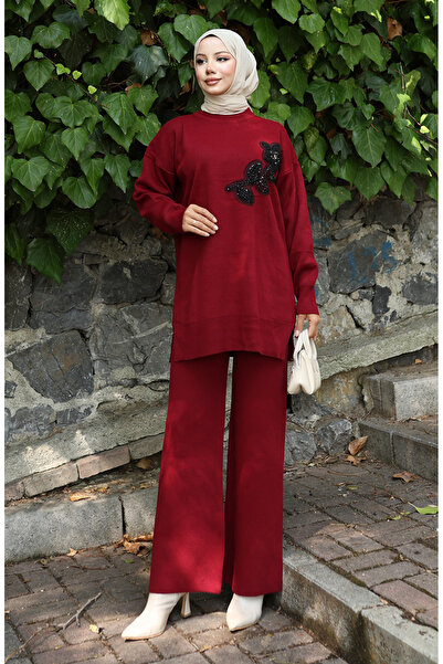 sefamerve Knitwear Floral Embroidered Tunic Trousers Double Suit 1067-02 Burgundy