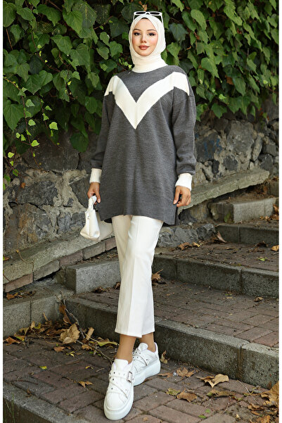 sefamerve Πλεκτό V Μοτίβο συνδυασμός υφασμάτων Τουνίκ 3017-03 Γκρι