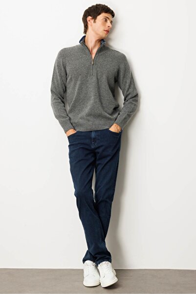 Desen Triko Men's Basic Wool Sweater with Zipper Collar Smoked