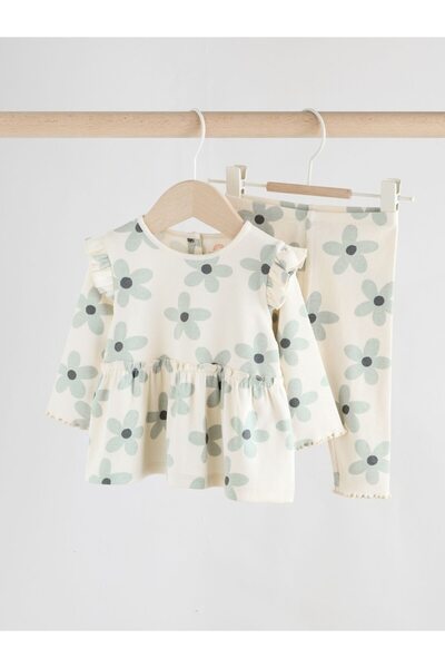 Next Baby Cotton White Blue Floral Patterned Long Sleeve Top and Bottom Set