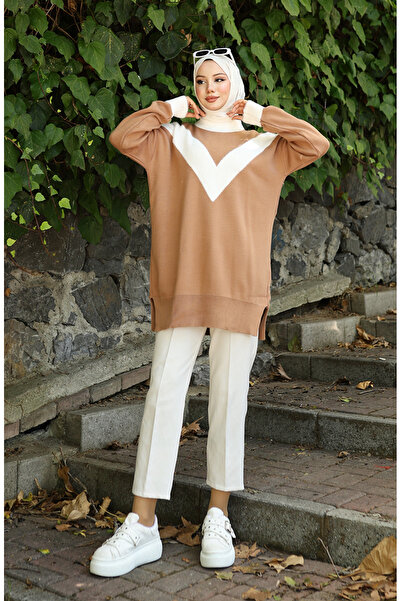 sefamerve Πλεκτά V Pattern συνδυασμός υφασμάτων Tunik 3017-06 Γαλακτοκαφέ