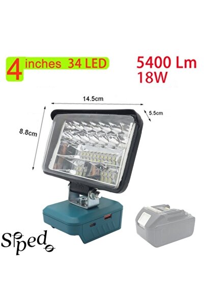 SIPEDO Lampă LED, baterie externă cu USB, 4 inch, 5400 lumeni, 34 LED-uri, 18 W, adaptor baterie Makita