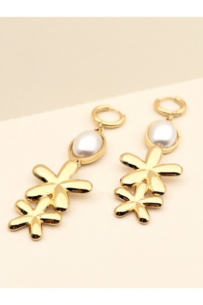 Siya Silver Kararmaz Çelik Çift Papatyalı İncili Sallantılı Uzun Küpe - 6,5 cm