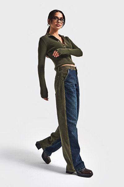 its basic Kadın Haki Kot Rengi 2w5-31 Loose Fit Kadife Denim Kumaş Tasarım Denim Jean