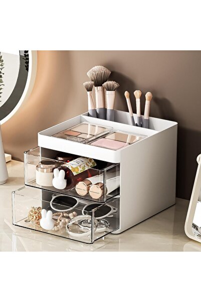 fulina Small Desk Organizer,with 2 Compartments Pen Holder, 1 Top Tray & 2 Drawers,5.1x5.9x4.5in,White