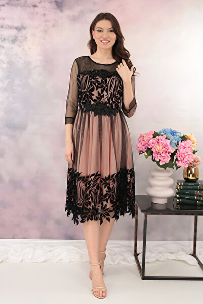 cupper Κομψό ροζ φόρεμα με μαύρο τούλι και βελούδινο φλοράλ μοτίβο