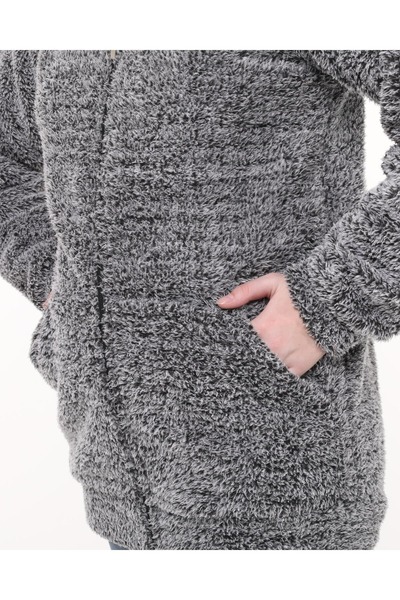 Genel Markalar Kapüşonlu Welsoft Peluş Gri Hırka - Cepli Kapüşonlu Fermuarlı Kışlık Peluş Gri Hırka Ceket