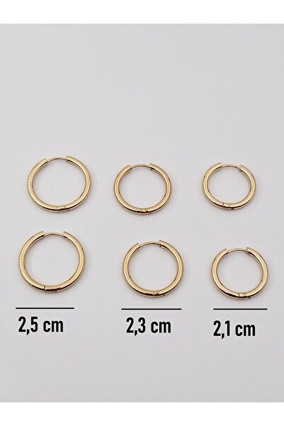 Siya Silver Unisex 316l Cerrahi Çelik Gold Renk 3 Çift Set Halka Küpe - 3 Boy 21-23-25 mm