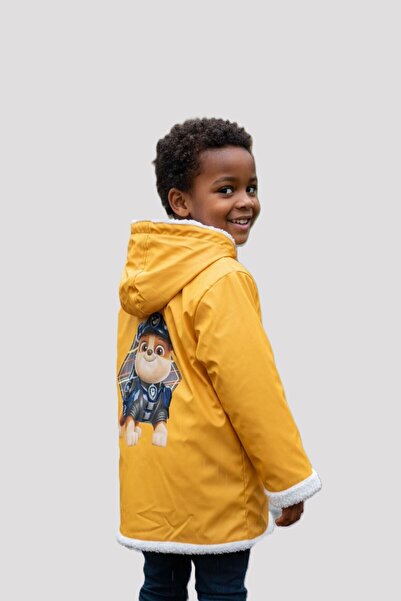 Baby Pearly Çaren Kids - Fur Lining Zipper Closure Hooded Back Print Detailed Unisex Children's Raincoat