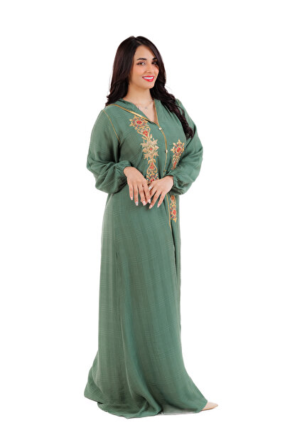 amaan Women's Maghrebi Hooded Jalabiya, Embroidered with Gold Floral Details suitable for Autumn & Winter