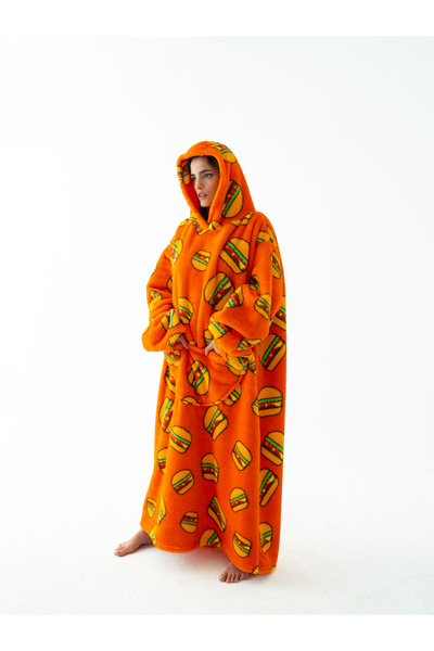 fluffy Oversize Peluş Hoodie Battaniye – Hamburger Desenli, Cepli, Unisex TV Battaniyesi Sweatshirt