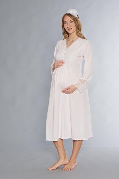 FLZ Maternity Nightgown Long Sleeve Lace Detail Breastfeeding and Hospital Discharge 23-46