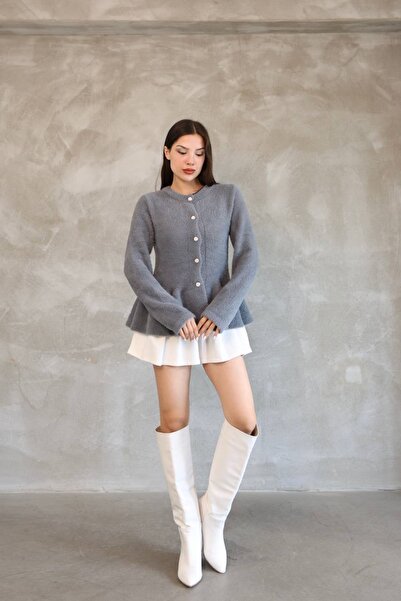 R&G RIMANERE GIOVANI Women's Soft Textured Buttoned Ruffle Detailed Knitwear Cardigan