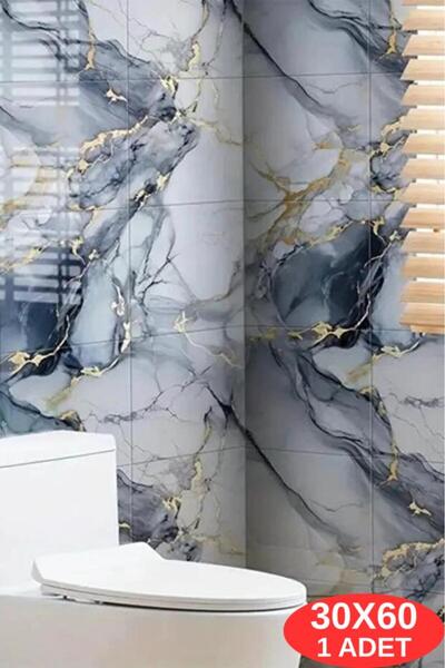 Renkli Duvarlar Shiny Blue Gold Mermer Desenli 60x30cm Yapışkanlı Mutfak Banyo Kaplama Duvar Paneli Kağıdı TX-035