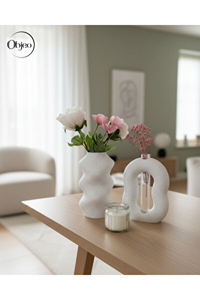 objeo Granit Desenli 2'li Dekoratif Vazo Seti - Kıvrımlı & Cam Tüplü Vazolar