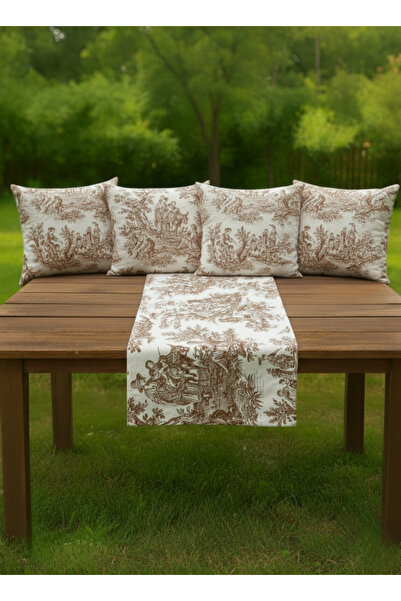 shopshop Brown English French Country Patterned Rustic Decorative Set of 4 Throw Pillow Covers and Runner Cover