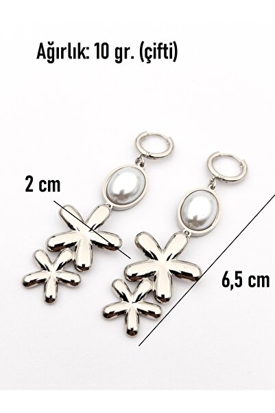 Siya Silver Kararmaz Çelik Çift Papatyalı İncili Sallantılı Uzun Küpe - 6,5 cm