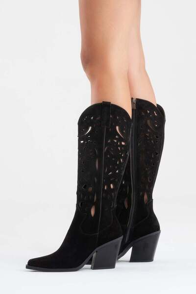 Zeynep Sıradağlı Γυναικείες μπότες Western από γνήσιο δέρμα Harlina, μαύρο σουέτ