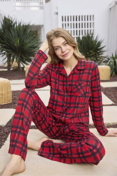 Aydoğan Red Checkered Patterned Front Tie Shirt Collar Women's Long Sleeve Pajama Set