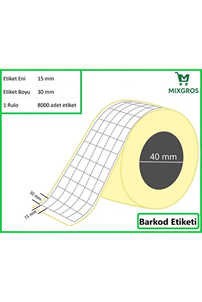 MİXGROS 15x30 mm Termal 5'li Ürün Barkod Etiketi 1 Rulo: 8000 Adet Etiket