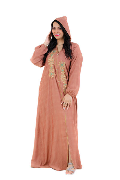 amaan Women's Maghrebi Hooded Jalabiya, Embroidered with Gold Floral Details suitable for Autumn & Winter