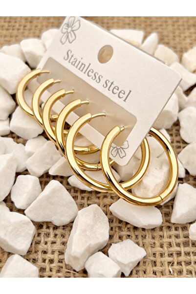 Siya Silver Unisex 316l Cerrahi Çelik Gold Renk 3 Çift Set Halka Küpe - 3 Boy 21-23-25 mm