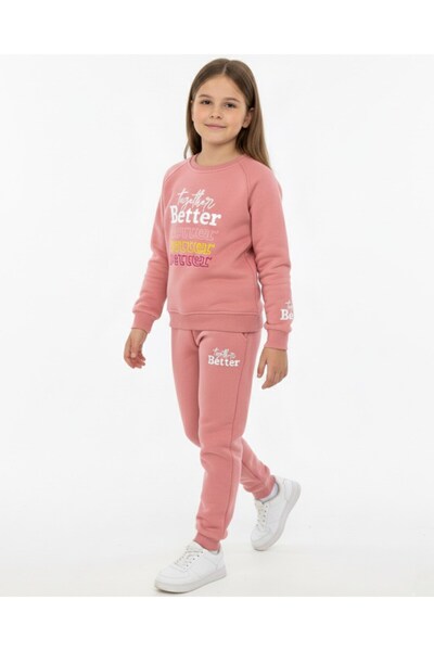 VOY KİDS Girl's Printed Winter Tracksuit Set for Ages 6-7-8-9-10, 3-Layered Hooded Top and Bottom Set