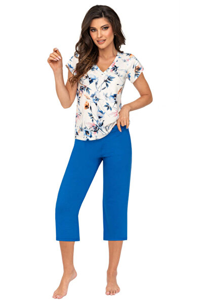 bedonna Women's pajama set, viscose, 3/4, floral print, blue - ASTRID