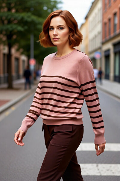 PayBuy سترة نسائية مخططة بياقة دائرية وقصة مريحة وأكمام طويلة تقدم الأناقة ال...