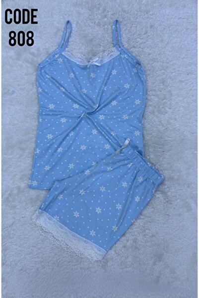 VAJESTO Γυναικείο σετ πιτζάμα με ανοιχτό μπλε σορτς με κορδόνια, νυχτικό με δ...