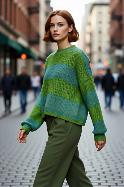 PayBuy Women's Oversized Crew Neck Color Block Long Sleeve Pique Knit Sweater Ideal for Winter Days