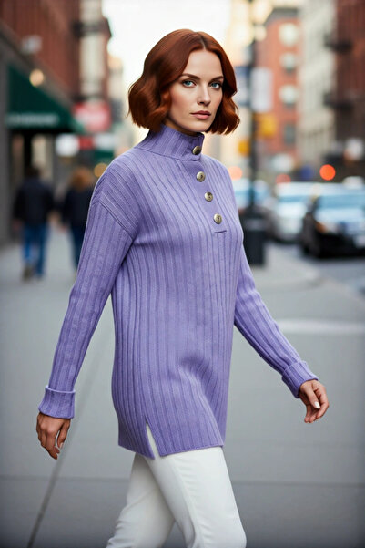 PayBuy Women's Ecru Relaxed Fit Buttoned Collar Low Sleeve Knitwear Sweater Ideal for Winter Days Elegance Quality