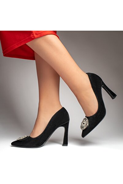 Modlet.ro Women's black suede heeled shoes with decorative accessory MOD12761