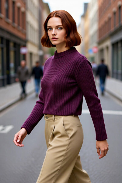 PayBuy Kadın Regular Fit Crop Fitilli Bisiklet Yaka Uzun Kollu Orta Kalın Tri...