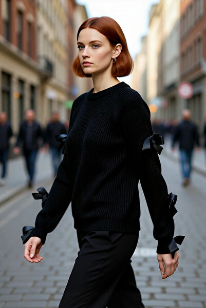 PayBuy سترة نسائية سوداء ذات تصميم عادي بفتحة على الكتف وتفاصيل فيونكة، سترة تريكو أنيقة ومريحة للإطلالات اليومية