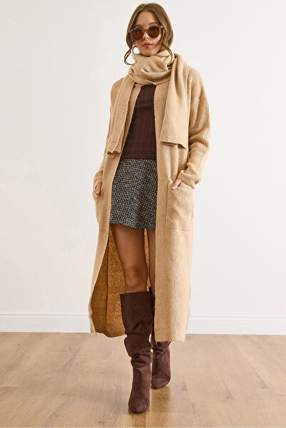 Olalook Women's Camel Self-Tie Pocketed Long Cardigan Hrk-19000429