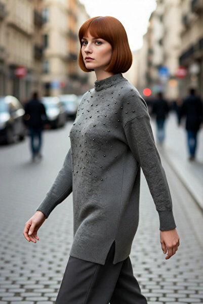 PayBuy Pulover de tricotat pentru femei, cu detaliu de perle metalice, cu gât...