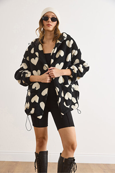 Olalook Kadın Siyah Kapüşonlu Cepli Astarlı Kalp Detaylı Wellsoft Kaban KBN-19000019