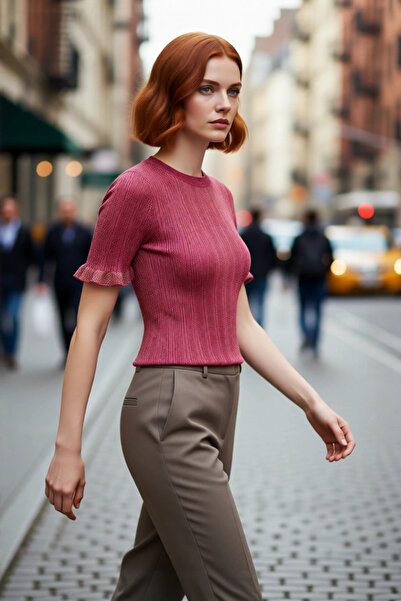 PayBuy Fitted Cut Slim Knitwear Blouse for Women Sim Detailed Crew Neck Short...