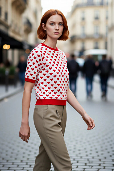 PayBuy بلوزة نسائية من التريكو الأكريليك بأكمام قصيرة وياقة دائرية ونقش على شكل قلب