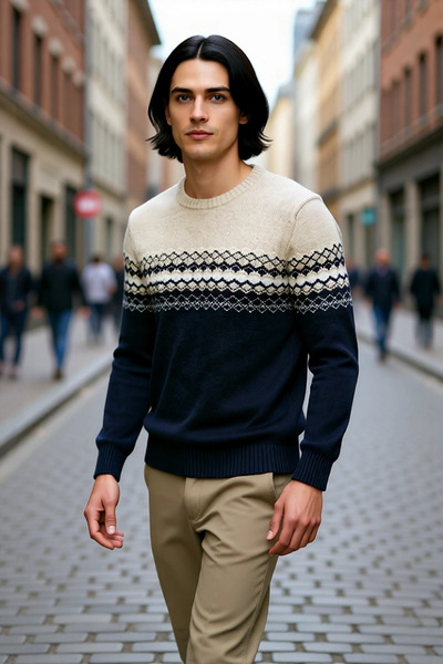 PayBuy Men's Fitted Ethnic Patterned Crew Neck Knit Sweater Ideal for Winter Days a Stylish and Comfortable One