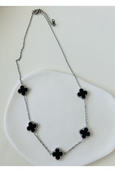 ANGELSS JEWELLERY Clover Model Black Silver Color Steel Necklace Clover Neckl...