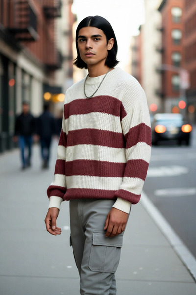 PayBuy Pulover pentru bărbați, oversize, cu guler lat, cu dungi, din acril, i...