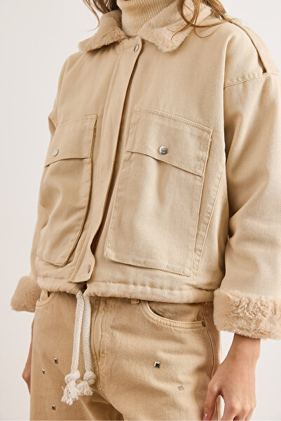 Olalook Women's Ecru Cotton Gabardine Coat with Fur Detail Kbn-19000017