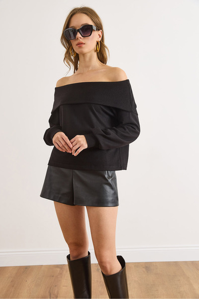 Olalook Women's Black Madonna Collar Ruffled Flowy Soft Blouse Blz-19003139