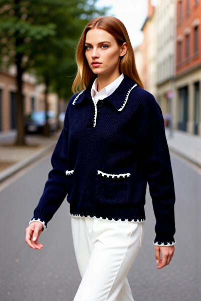 PayBuy Pulover de tricotat cu guler polo supradimensionat pentru femei, cu blocuri de culoare, iarna, zilnic, confortabil și elegant, ideal pentru combinații