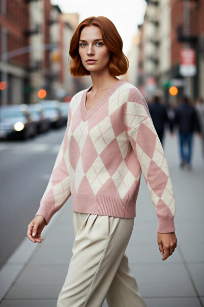 PayBuy Дамски пуловер в цвят екрю сиво, с V-образно деколте, баклава мотив, к...