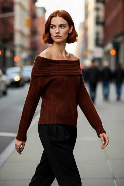 PayBuy Women's Carmen Collar Regular Fit Long Sleeve Ribbed Knit Sweater Offe...