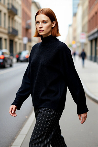 PayBuy Women's Oversized Fit Stand Collar Plain Knitwear Sweater with Low Arm...